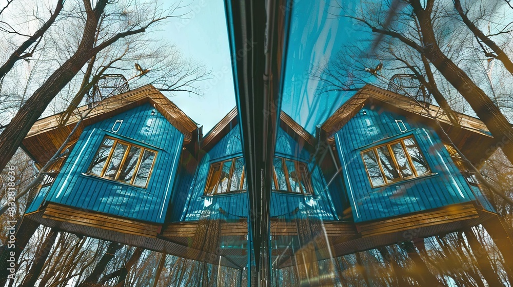 Poster reflection of blue house in window of house in front of tree without leaves