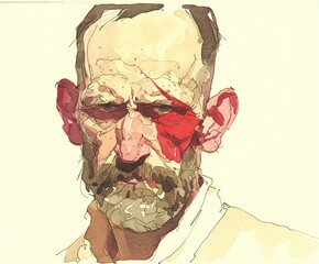 Close Up Portrait of a Weathered Man with a Red Mark on His Face
