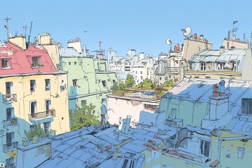 Colorful Cityscape Illustration with Rooftop View