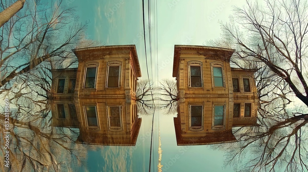 Poster a building reflected in water with trees in front and a blue sky behind