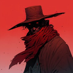 Dark Cowboy in Red Scarf with Wide Brimmed Hat
