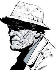 Black and White Illustration of Elderly Man Wearing Hat with Serious Expression
