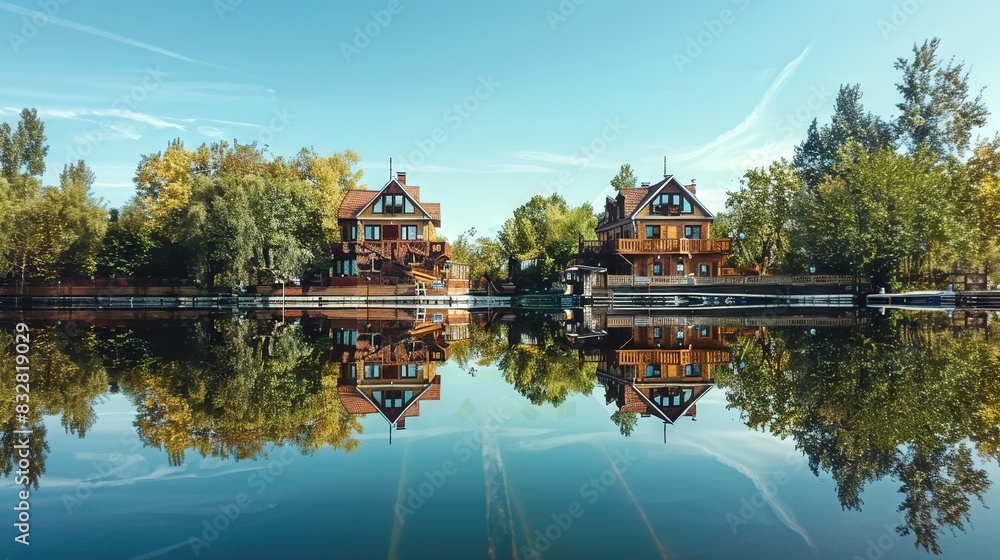 Poster a lake with a house floating above its surface surrounded by trees on either bank