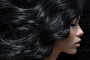 Fototapeta premium Radiant black hair highlighted with hair care products designed specifically for women, highlighting its elegance and shine.