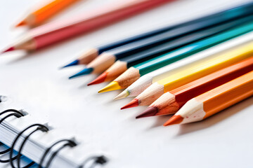 Fototapeta premium Open sketchbook with colored pencils and brushes on white background