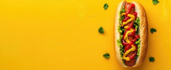 Delicious hot dog with ketchup and mustard, isolated on Yellow background
