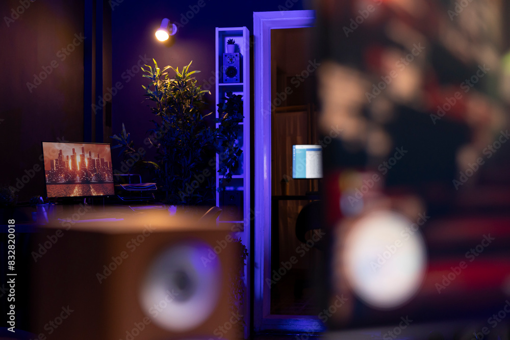 Aufkleber 3d animation left open on pc screen in background in empty neon illuminated apartment living room. 3