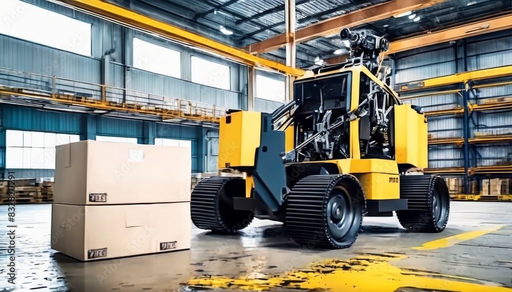Poster an autonomous industrial robot transporting cardboard boxes in a modern warehouse with yellow floor 