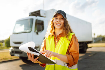 Portrait of a female trucker standing in front of truck and looking at camera.Transportation...