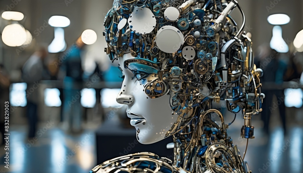 Poster close-up portrait of a futuristic female robot featuring complex mechanical details and a thoughtful