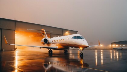 private jet ready for flight on runway at sunrise in rainy fog
