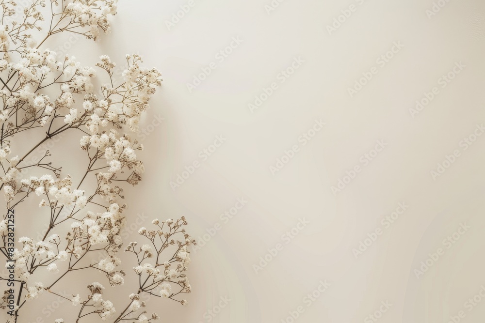 Poster beige background with white baby's breath flowers along the bottom edge, creating an elegant and min