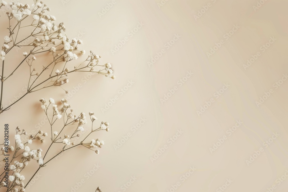 Poster beige background with baby's breath flowers in the bottom corner, representing warmth and tenderness