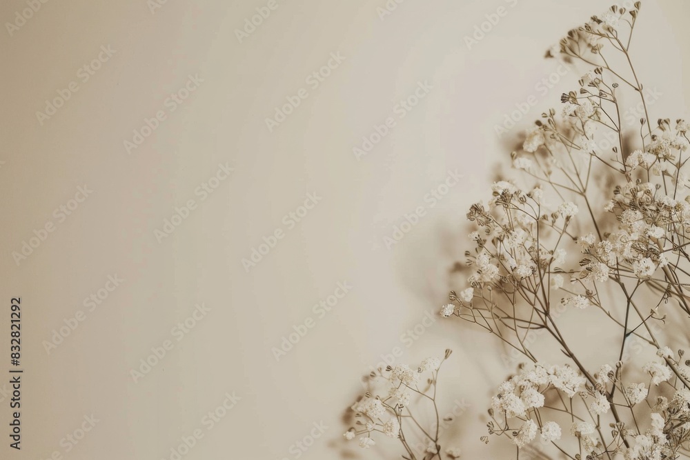 Poster beige background with baby's breath flowers on the bottom edge, creating an elegant and minimalist c