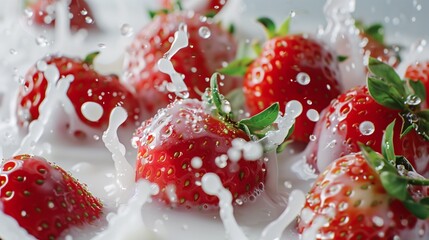 Strawberries splashing into milk concept