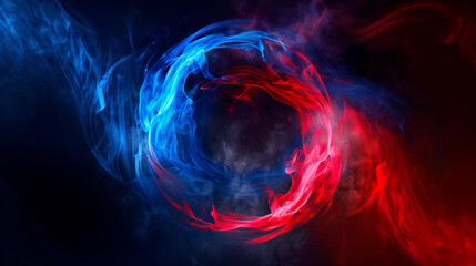 Dynamic red and blue flame swirl with smoky effects on black background creating abstract fire and ice effect