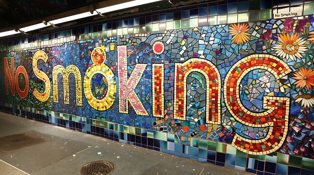 A mosaic mural featuring vibrant tiles arranged to spell out the words No Smoking adding a decorative touch to public spaces