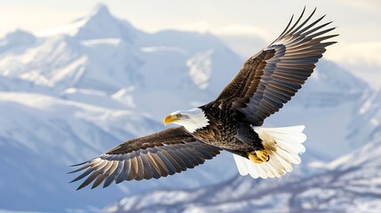 Obraz premium A majestic bald eagle soars through the snow-capped mountains.