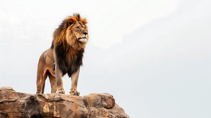 Obraz premium A majestic lion stands on a rock, surveying the savanna.