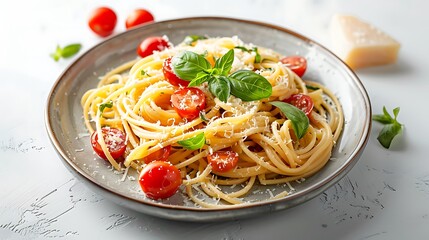 A plate of spaghetti with tomatoes and basil on a white background.