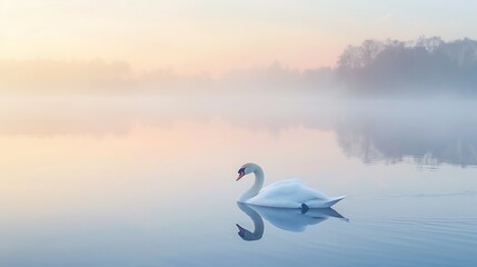 Naklejka premium A serene swan glides across a still lake at sunrise.