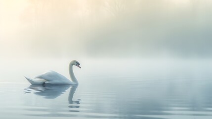 Naklejka premium A serene swan glides gracefully through the still waters of a lake, its feathers glistening in the soft light of dawn.