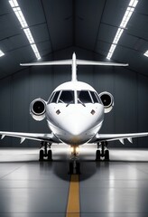 Fototapeta premium modern white color private jet at hangar, glossy ground, fancy lights background isolated grey background, ad shot 