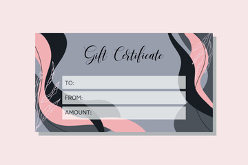 Gift certificate template in abstract style. Certificate template for salon, spa, gallery, store in black and pink colors.