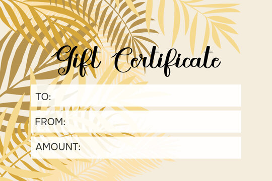 Gift certificate template in golden tropical style. Cover for advertising. - Powered by Adobe