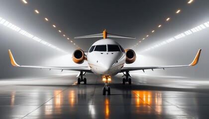 modern white color private jet at hangar, glossy ground, fancy lights background isolated grey background, ad shot
