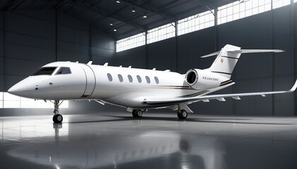 Obraz premium modern white color private jet at hangar, glossy ground, fancy lights background isolated grey background, ad shot 