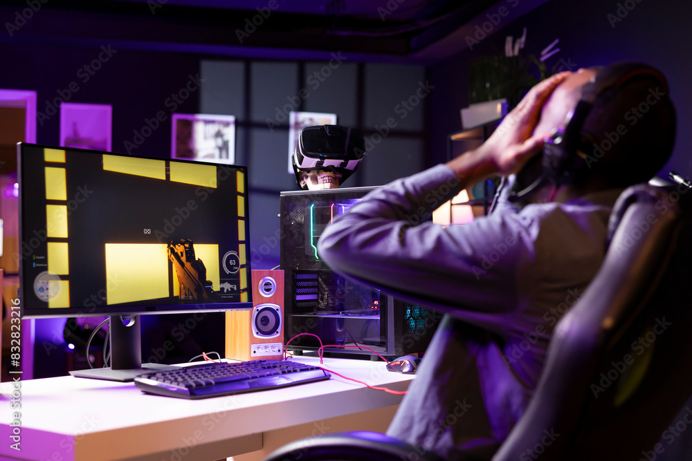 Aufkleber gamer upset after losing while playing fps cyberspace videogames on pc monitor. man putting face in 