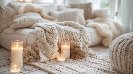 autumn home decor, create the ideal fall atmosphere with knitted blankets and seasonal candles in a snug corner, transforming your living area into a cozy haven