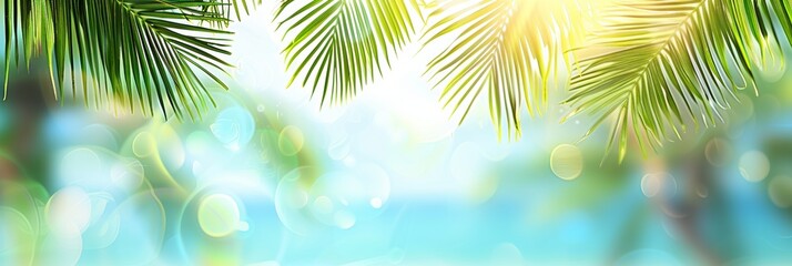 Obraz premium Tropical beach scene with green palm leaf and sunlight bokeh wave abstract background
