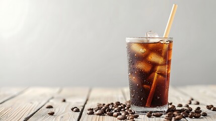 Iced coffee in a glass on a wooden table.