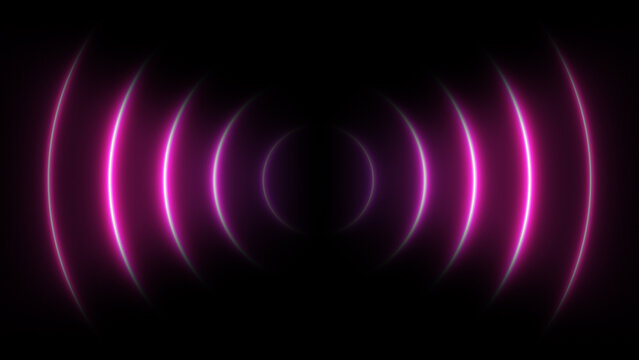 Abstract neon background of glowing sound waves visualization on black. Futuristic music waves or neon radar. Bright neon laser rays forming circles. Modern neon lights.