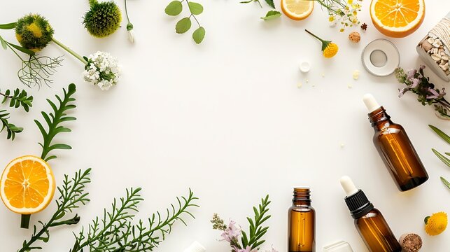 Natural skincare ingredients. Organic essential oils, herbal extracts. Aromatherapy, alternative medicine. Beauty and spa concept.