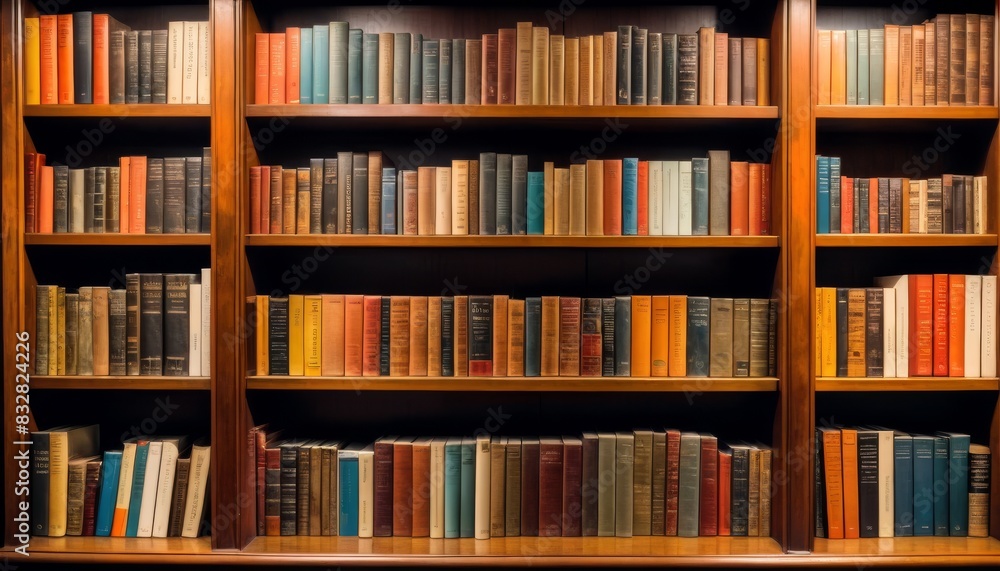 Poster Richly hued spines of hardbound books line the shelves of a dark wood bookcase, creating an atmosphere of classical wisdom.. AI Generation