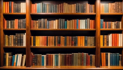 Richly hued spines of hardbound books line the shelves of a dark wood bookcase, creating an atmosphere of classical wisdom.. AI Generation