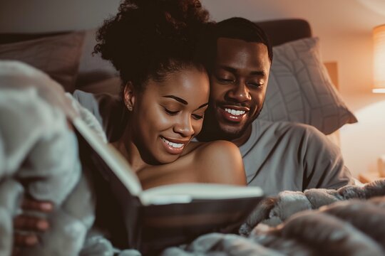 Intimate moment as a couple enjoys reading a book together in bed - Powered by Adobe