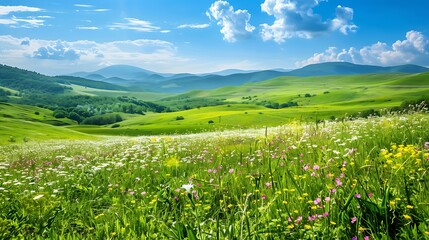The image shows a beautiful green field with white flowers and a mountain range in the background.