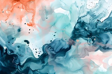Colorful Abstract Fluid Art: Coral, Teal, and Mint Backgrounds with Ink Splashes