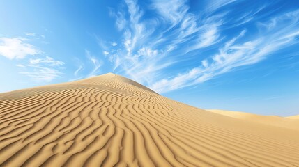 Naklejka premium The image shows a vast expanse of sand dunes under a clear blue sky. The dunes are rippled with footprints.