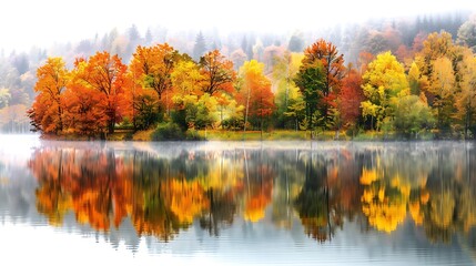 The image shows colorful autumn trees and their reflection in the lake on a foggy day.