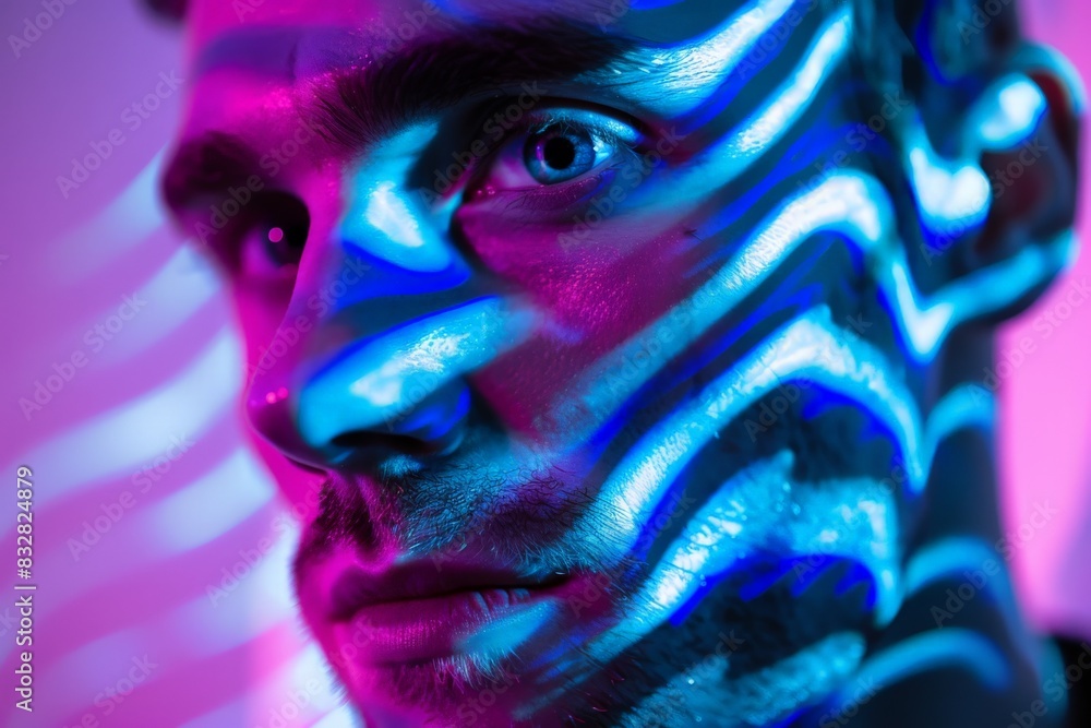 Poster an abstract smooth gradient with a blue and pink hue and a reflective sculpture