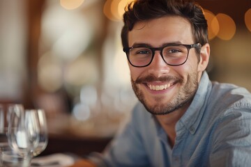 A young man with glasses offers a warm and inviting smile in a well-lit dining environment