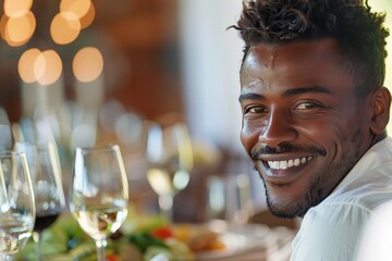 Close-up of an attractive man with a captivating smile and genuine warmth, enjoying a meal - Powered by Adobe