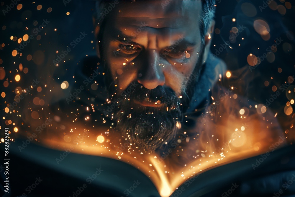Aufkleber an open book illuminates with glowing particles and magical light against a dark backdrop