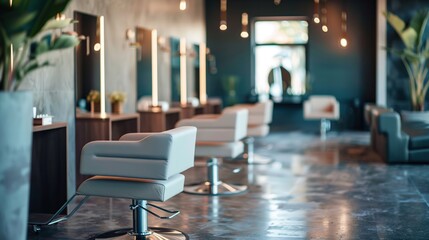 Stylish hair salon interior with chic decor and plush seating, copy space
