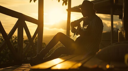 The silhouette of a man playing guitar on a porch at sunset